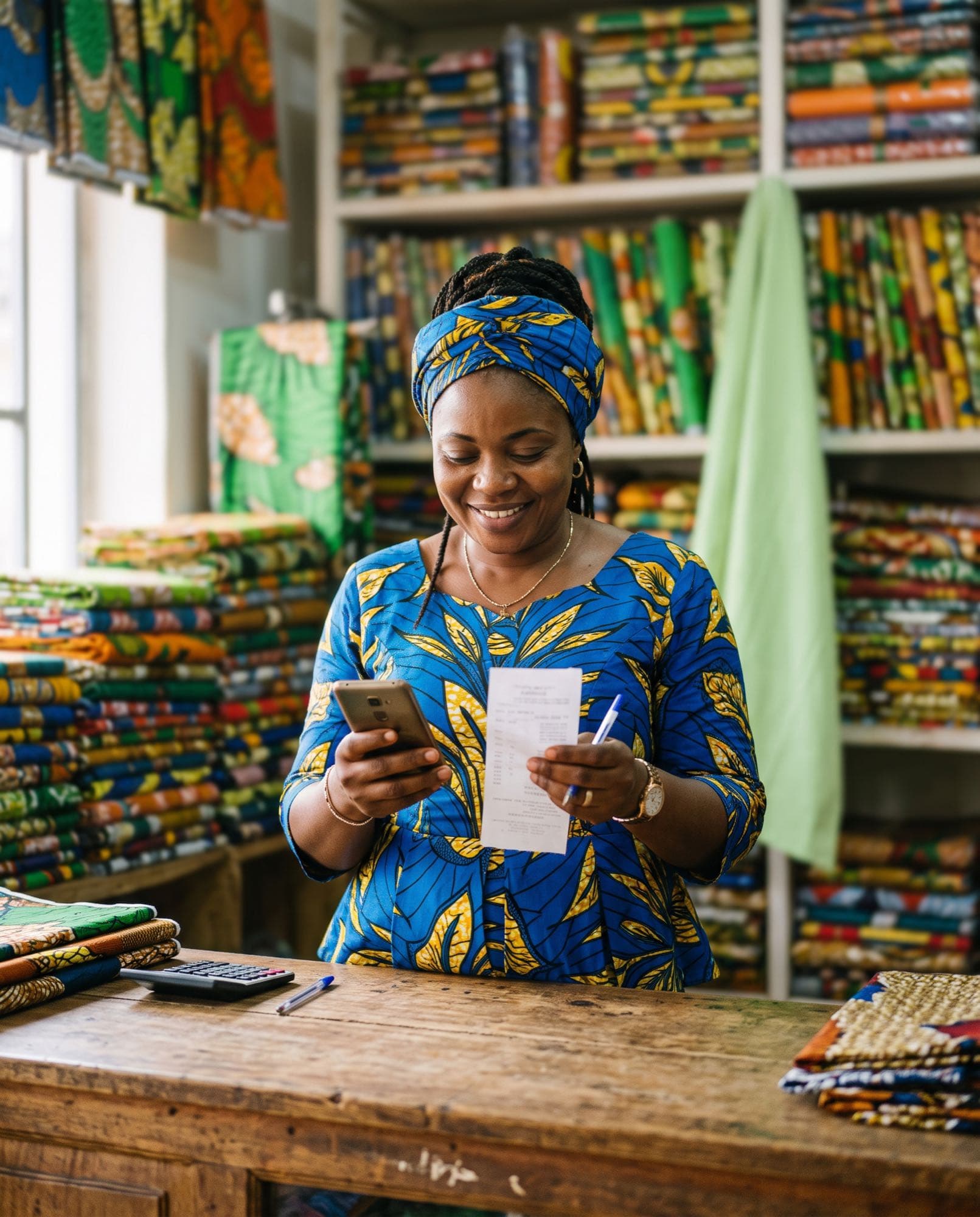 Commerçante dans sa boutique, téléphone et reçu en main
